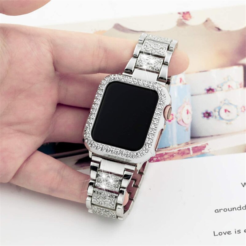 For Apple Watch Bands 38mm 40mm 42mm 44mm Women Glitter Metal Strap & Bling Diamond Protective Case iWatch Series 6 5 4 3 2 1 SE