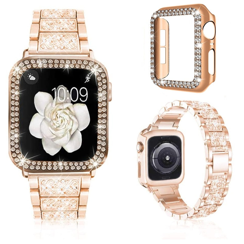 For Apple Watch Bands 38mm 40mm 42mm 44mm Women Glitter Metal Strap & Bling Diamond Protective Case iWatch Series 6 5 4 3 2 1 SE