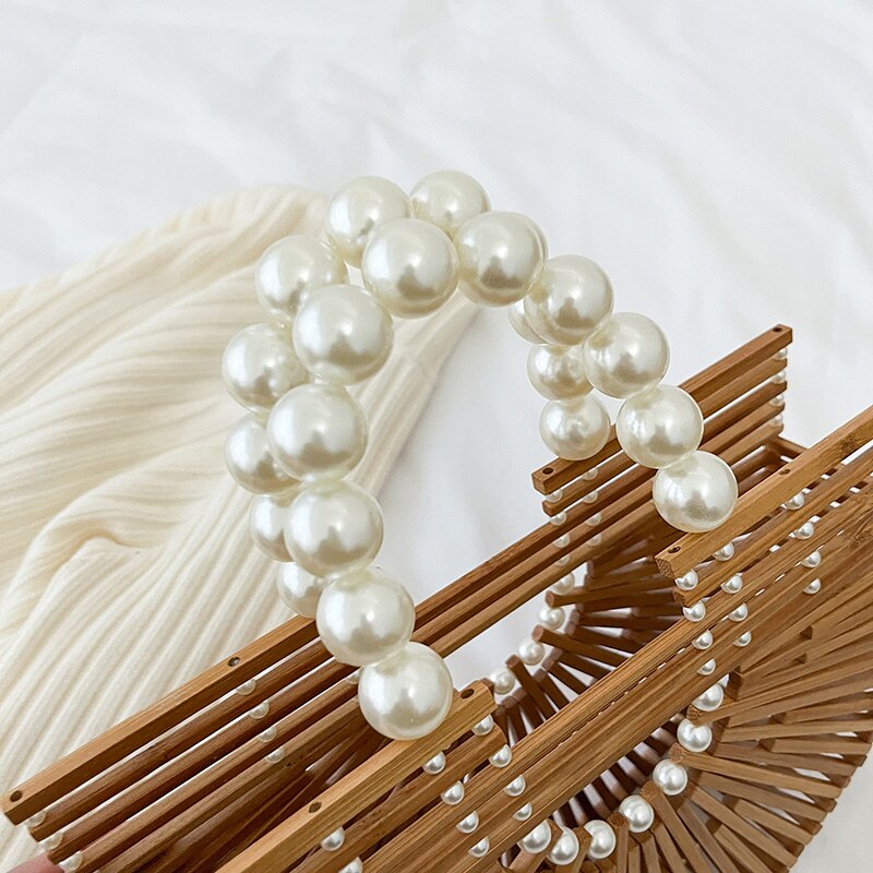 High Quality Handmade Bamboo Handbag Pearl Handle Design Women Hollow Out Beach Bag Summer Vacation Woven Straw Bag Female 2022