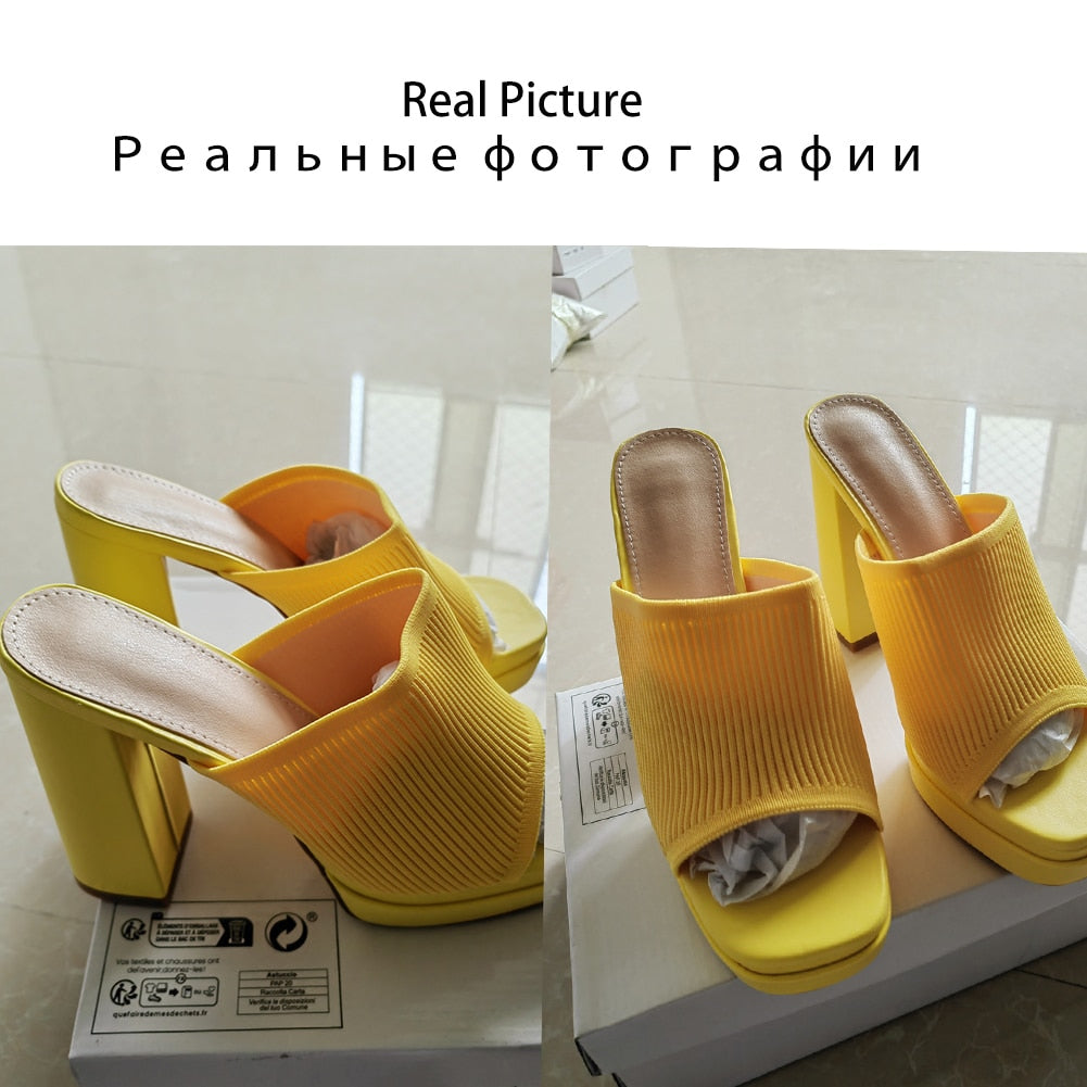 Platform Mule Sandals For Women Slingback Fashion Classic Chunky High Heeled Sandals Open Toe Sexy Party Silp On Shoes Knitted