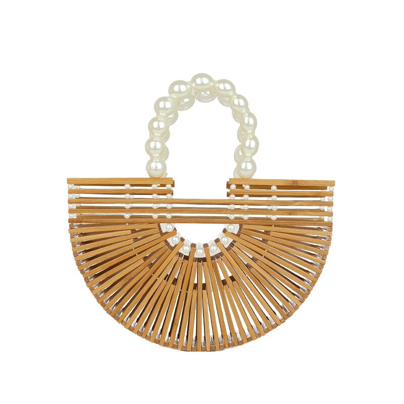 High Quality Handmade Bamboo Handbag Pearl Handle Design Women Hollow Out Beach Bag Summer Vacation Woven Straw Bag Female 2022