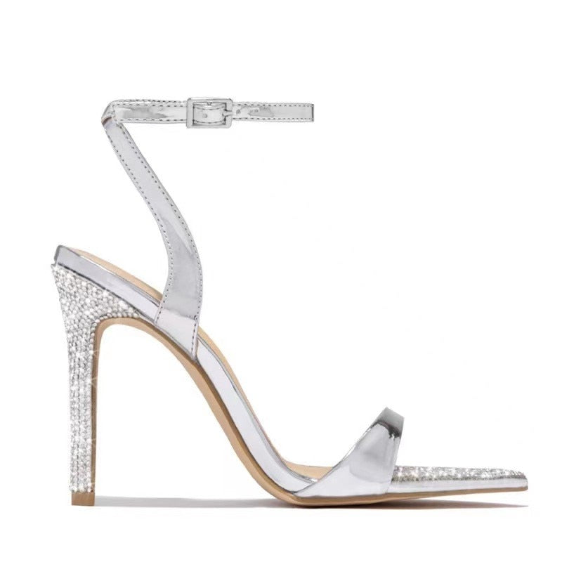 Female Elegant Party Sandals Women Wedding Banquet Shoes High Heels Gold Sandalias Sexy Crystal Pointed Toe