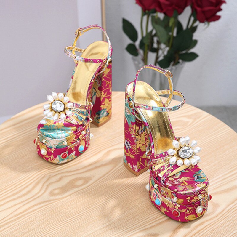 New Women Pumps High Heels Thick Platform Banquet Female Sandals Satin Big Size Fashion Runway Colorful Sexy Ladies Shoes