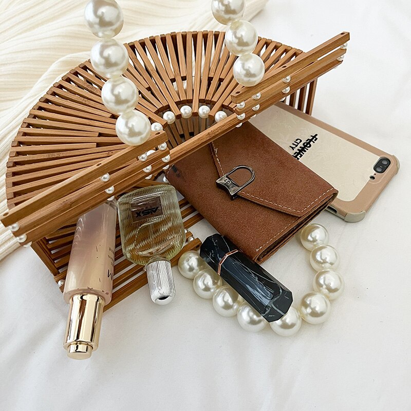 High Quality Handmade Bamboo Handbag Pearl Handle Design Women Hollow Out Beach Bag Summer Vacation Woven Straw Bag Female 2022