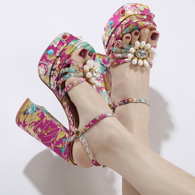 New Women Pumps High Heels Thick Platform Banquet Female Sandals Satin Big Size Fashion Runway Colorful Sexy Ladies Shoes