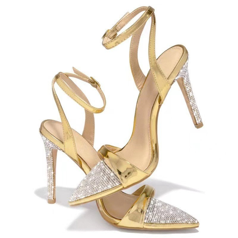 Female Elegant Party Sandals Women Wedding Banquet Shoes High Heels Gold Sandalias Sexy Crystal Pointed Toe