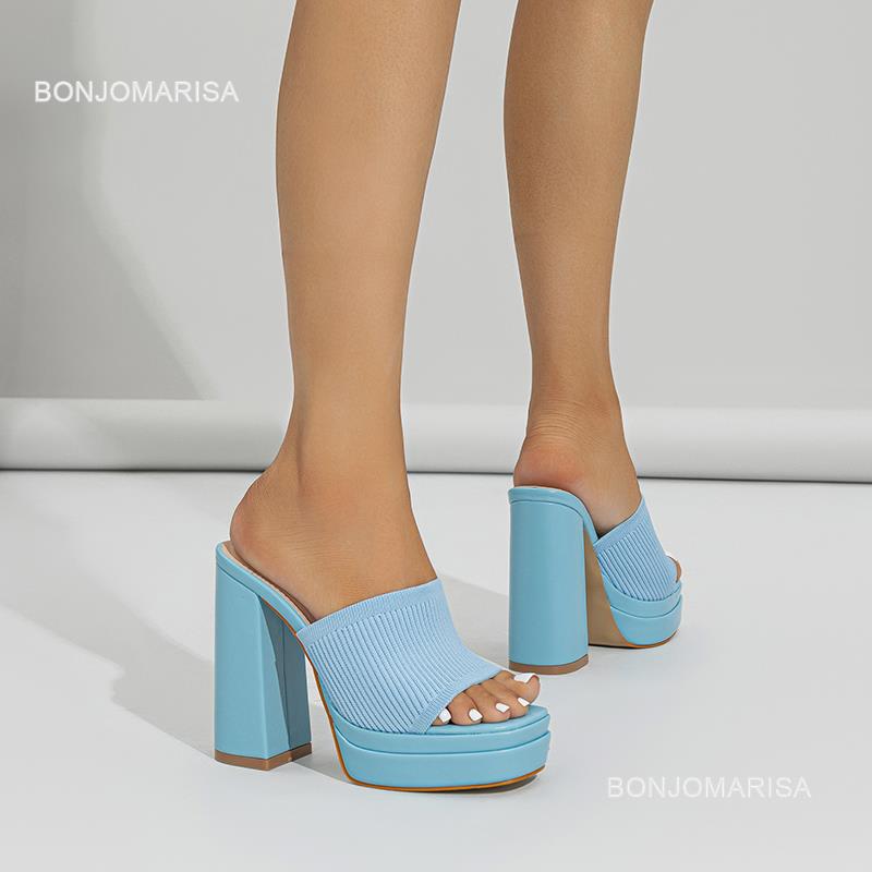 Platform Mule Sandals For Women Slingback Fashion Classic Chunky High Heeled Sandals Open Toe Sexy Party Silp On Shoes Knitted