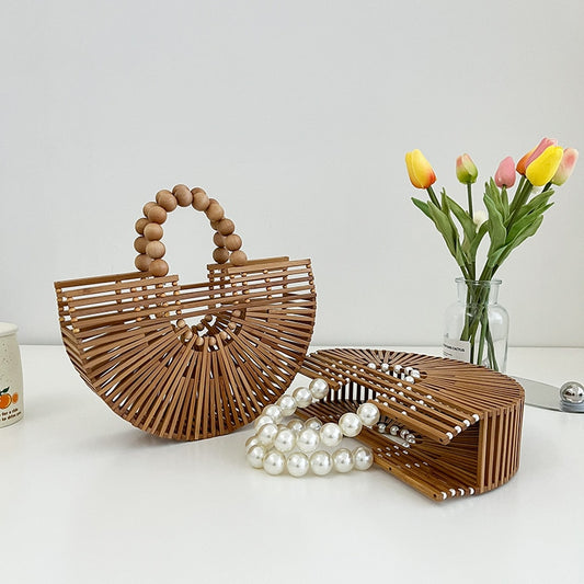 High Quality Handmade Bamboo Handbag Pearl Handle Design Women Hollow Out Beach Bag Summer Vacation Woven Straw Bag Female 2022