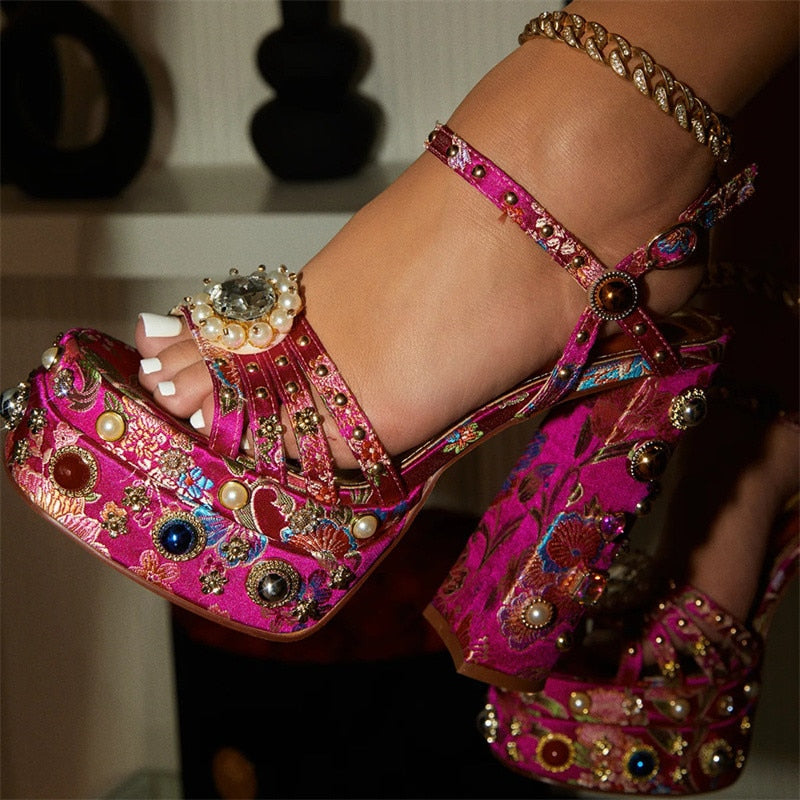 New Women Pumps High Heels Thick Platform Banquet Female Sandals Satin Big Size Fashion Runway Colorful Sexy Ladies Shoes