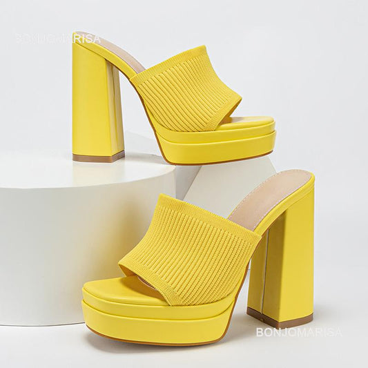 Platform Mule Sandals For Women Slingback Fashion Classic Chunky High Heeled Sandals Open Toe Sexy Party Silp On Shoes Knitted